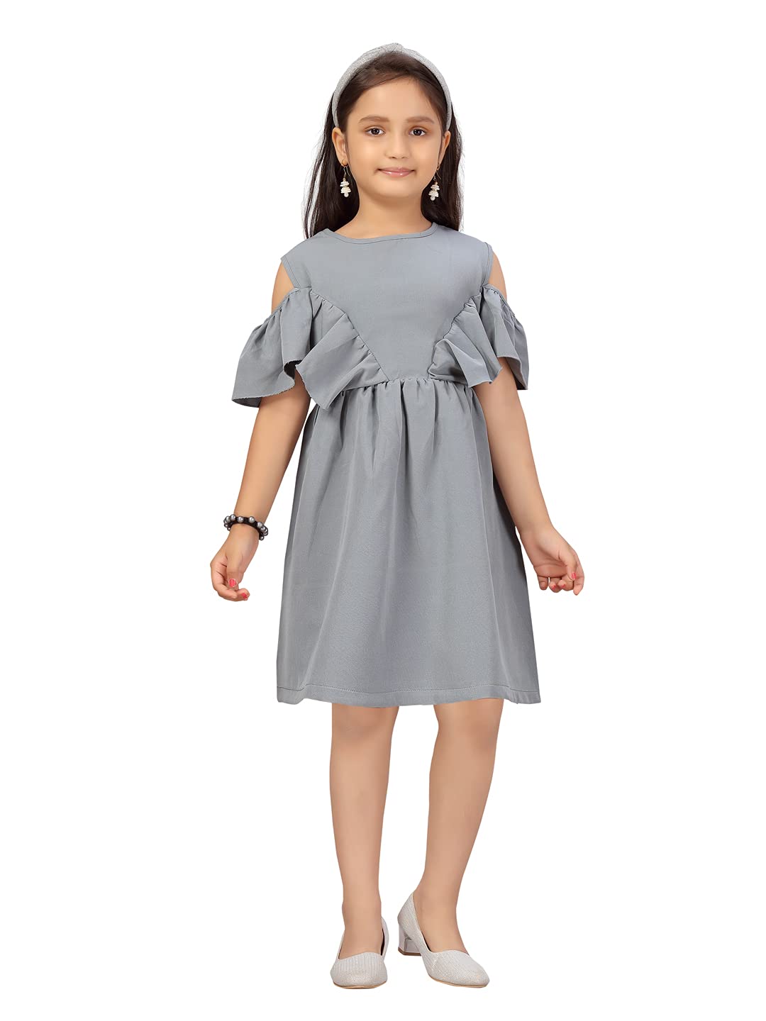Aarika Girls Nylon Skater Knee-Length Dress (MD-21927_Grey_32)