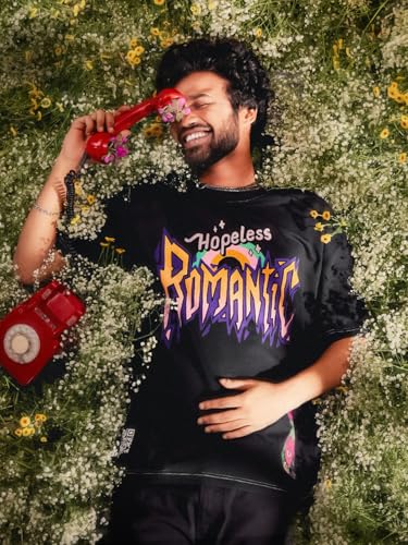 The Souled Store Hopeless Romantic Men and Boys Short Sleeves Round Neck Black Graphic Printed Cotton Oversized T-Shirts