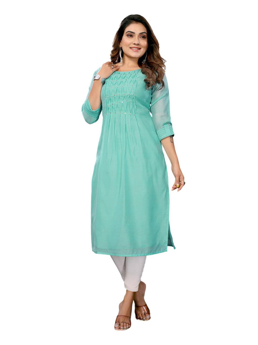 rangita Sea Green Chanderi Calf Length Solid A-line Kurti | Kurta for Women