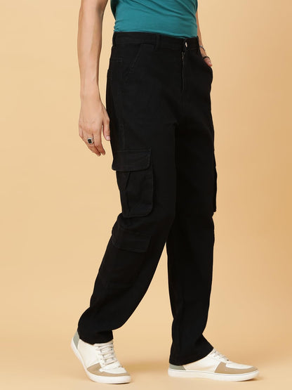 Kotty MenS Solid Mid Rise Straight Fit Stylish Looking Cargo Jeans(Black,28)