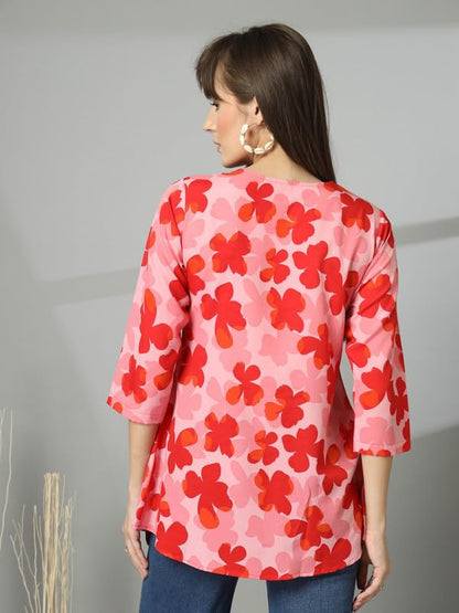 OOMPH! Lace Border,Kashmiri Tunic Top, Short Kurti for Women on Jeans, V-Neck, 3/4 Sleeve, Floral Design Baby Pink