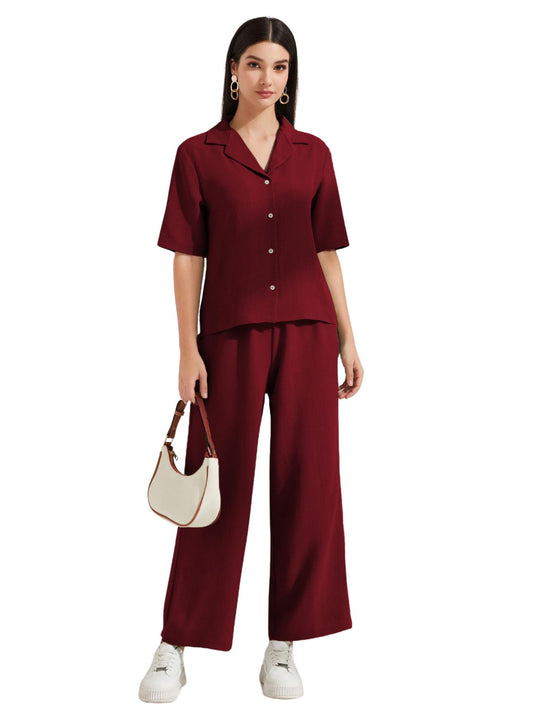Toplot WomenS Solid Color Co-Ord Set | Short Sleeve Top & Wide Leg Pants Coord Set | Casual Wear Co-Ord Set (Pop-Coord-5232-Mar