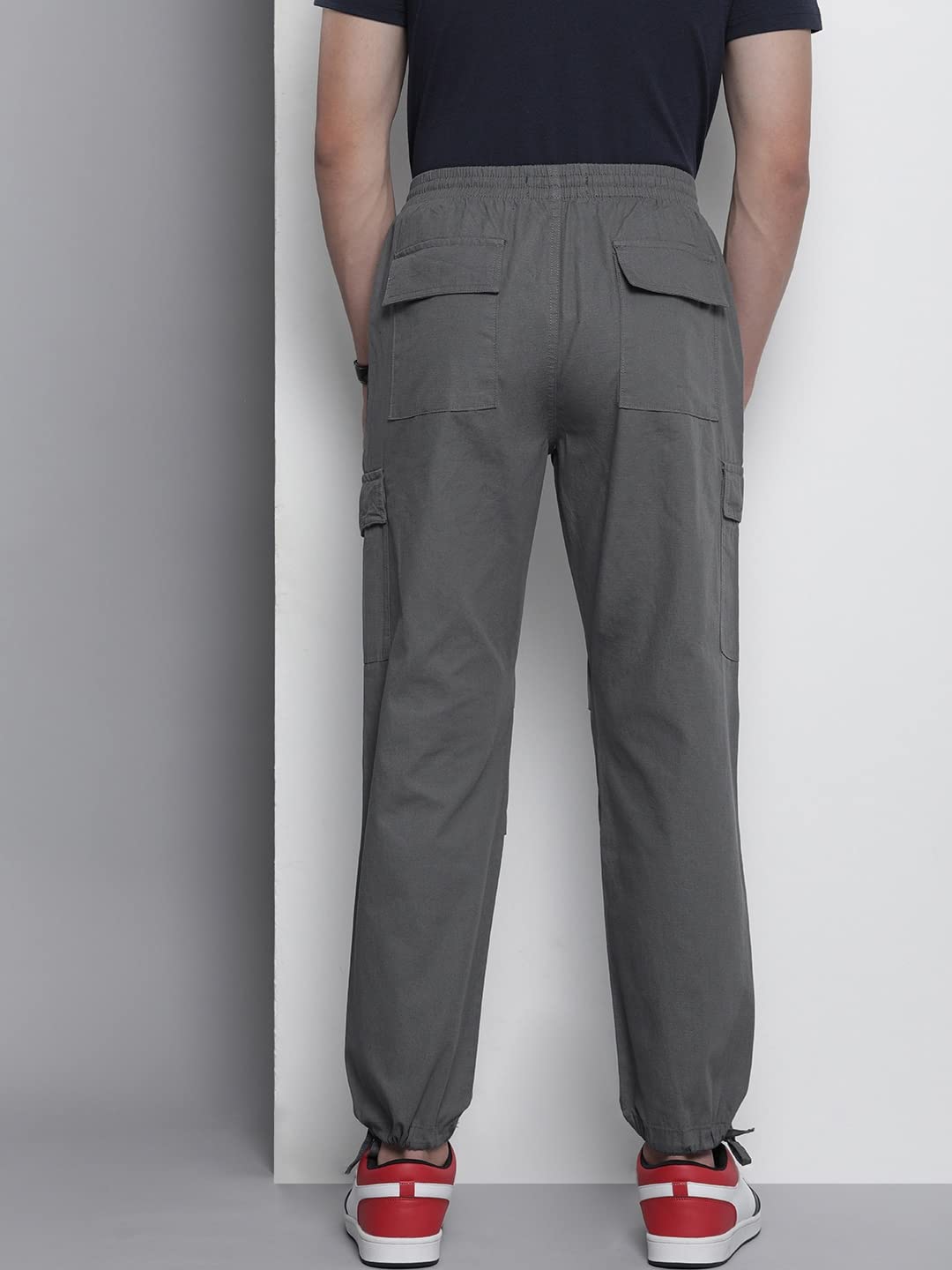 The Indian Garage Co Men Relaxed Fit Solid Mid-Rise Elasticated Cargos Ash Grey