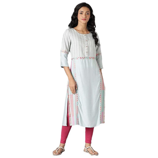 W For Woman Light Blue Geometric Printed Cotton Rayon Blend Straight Long Kurta