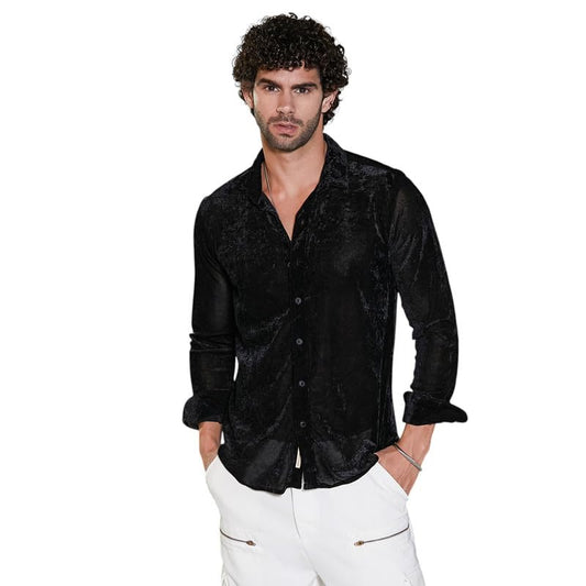 Campus Sutra Mens Onyx Black Solid Velvet Shirt for Casual Wear | Spread Collar | Long Cuffed Sleeves | Button Closure | Shirt