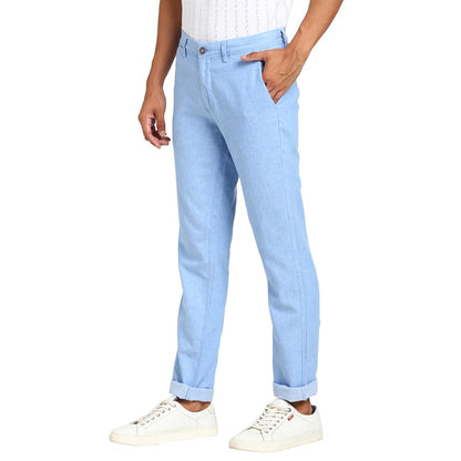 Turtle Men Cotton Linen Light Blue Solid Ultra Slim Fit Casual Trouser