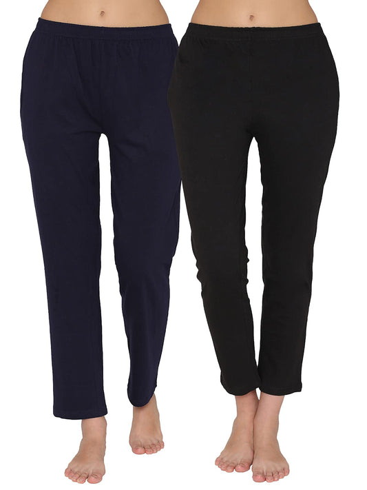 Clovia Womens Cotton Pack of 2 Chic Basic Pyjama Pants with Pocket (COMBLB812_Blue & Black_XL)