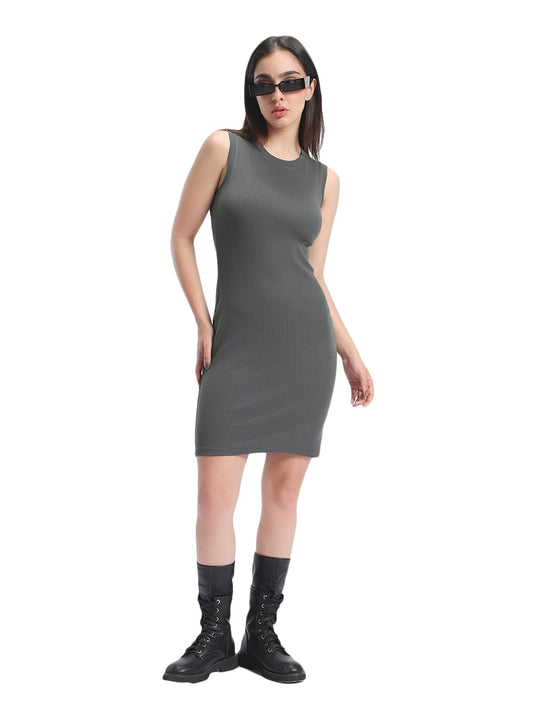 Bewakoof Womens Solid Rib Dress - Slim Fit, Round Neck, Sleeveless_584763_Grey_2XL