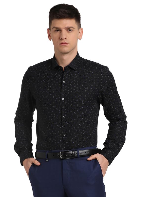 Turtle Men Cotton Linen Black Slim Fit Printed Shirts
