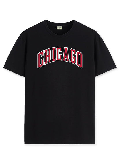 ADRO Mens T Shirt Urban Style Tshirt Printed with Chicago Design Cotton & Eye Catching Print Stylish T-Shirt for Men Black Tshir