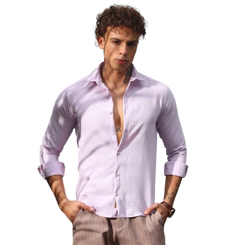 Campus Sutra Mens Lilac Chevron-Textured Shirt | Casual Wear | Spread Collar | Long Sleeve | Button Closure | Shirt Crafted wit