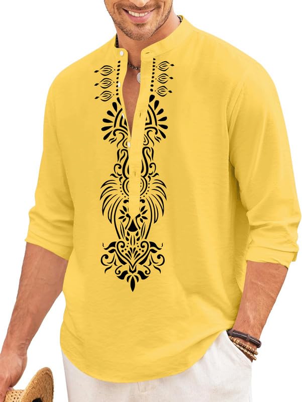 Finivo Fashion MenS Cotton Blend Short Kurta With Bold Printed Front Design | Full Sleeve Ethnic Casual Kurta With Mandarin Coll