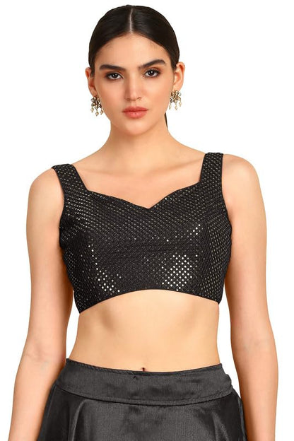 Soch Womens Black Sequinned Sweetheart Neck Georgette Padded Blouse
