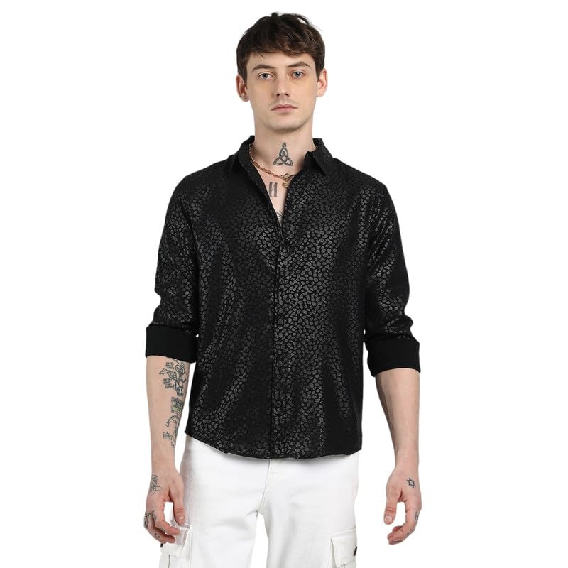 Campus Sutra Mens Onyx Black Pavement Shirt for Casual Wear | Spread Collar | Long Sleeve | Button Closure | Shirt Crafted with