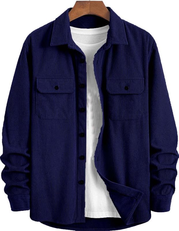 Deelmo MenS Full Sleeve Corduroy Shirt | Stylish Textured Casual Button-Down Shacket For Autumn Winter | Dual Pocket Front Desig