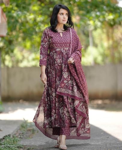 Alvami Anarkali Kurta Set for Women, Burgundy, Medium, Rayon, Model Nova_Suit with Pants and Dupatta