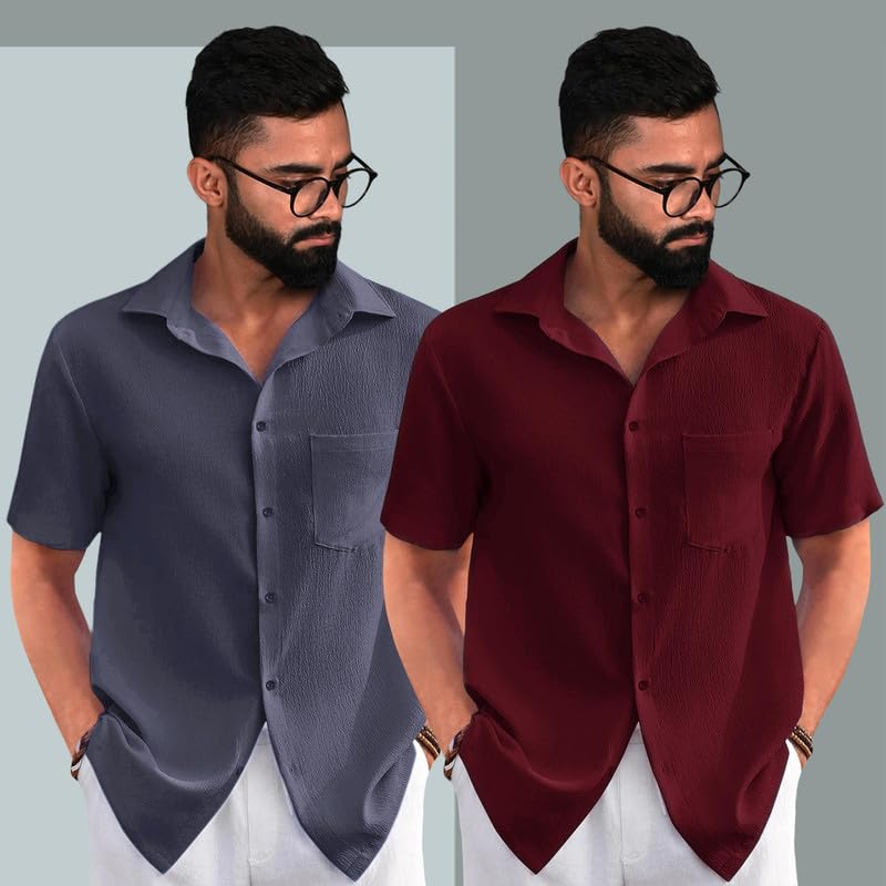 Pinkmint Combo Of MenS Regular Fit Popcorn Shirt Half Sleeve Spraed Collar Shirt (Pack Of 2)