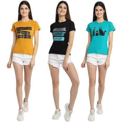 Preneum Womens Cotton Regular Fit Latest Graphic Stylish Printed Short Sleeves Casual T-Shirt || Latest Trendy & Style (Pack 3)
