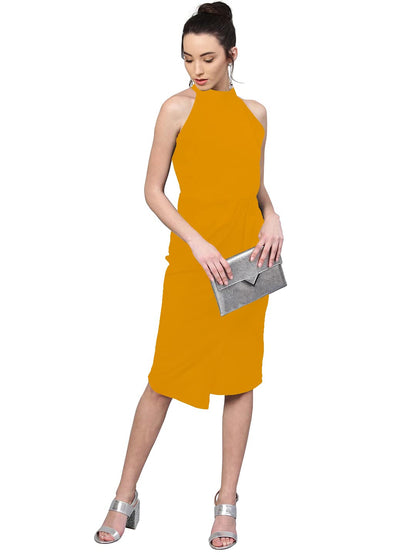 Shasmi WomenS Comfortable Mustard Halter Neck Sleeveless Solid Midi Bodycon Casual Western Stylish Dress For Womens/Midi Dress