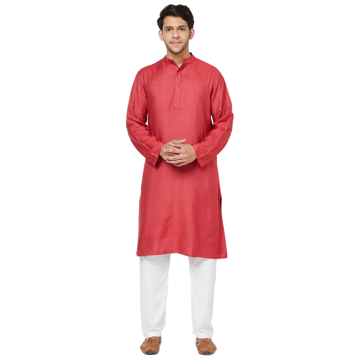 Fabindia MenS Viscose Silk Solids Comfort Kurta_Red_M