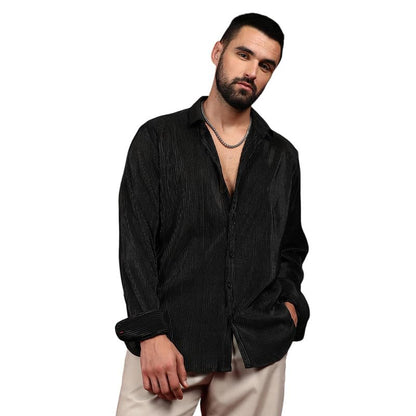 Campus Sutra Mens Midnight Black Pleat-Creased Shirt for Casual Wear | Spread Collar | Long Sleeve | Button Closure | Shirt Cra