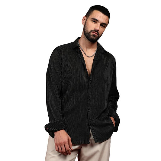Campus Sutra Mens Midnight Black Pleat-Creased Shirt for Casual Wear | Spread Collar | Long Sleeve | Button Closure | Shirt Cra