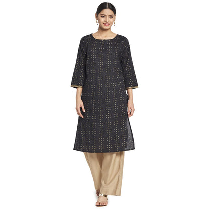 Fabindia Women Cotton Printed Knee Length Kurta Black