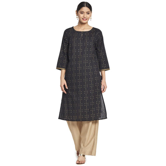 Fabindia Women Cotton Printed Knee Length Kurta Black