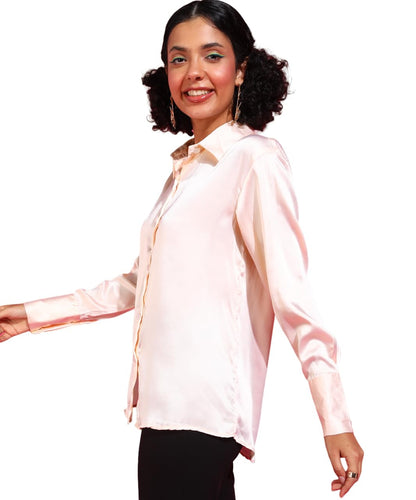 POPWINGS Women Polyester Solid Satin Shirt | Satin Shirts Stylish Western| Regular Fit and Full-Sleeves Casual and Semi-Formal S
