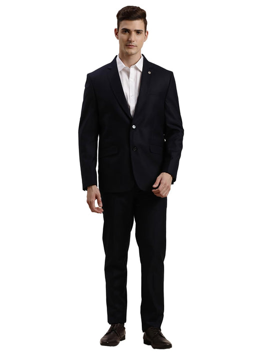 Turtle Men Poly-Viscose Solid Full Sleeve Two Piece Navy Formal Suit