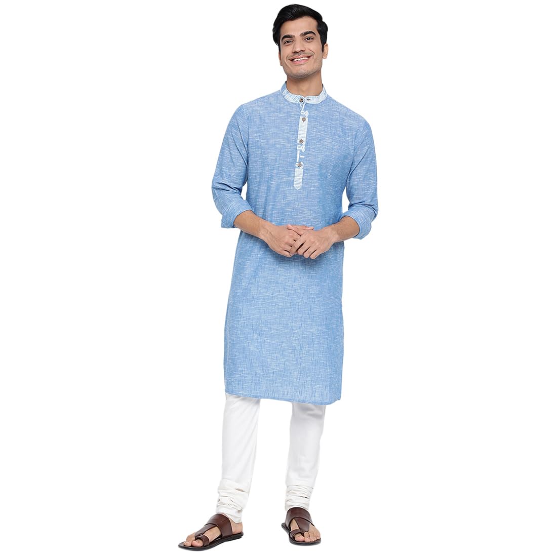 Fabindia Men's Blue Cotton Solid Slim Fit Kurta