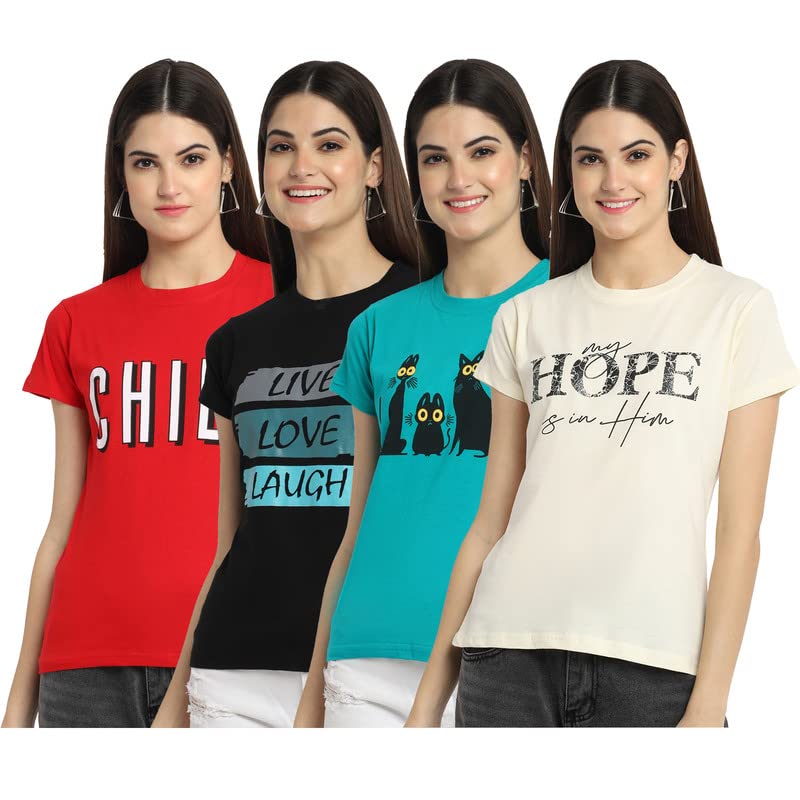 Preneum Womens Cotton Regular Fit Latest Graphic Stylish Printed Short Sleeves Casual T-Shirt || Trendy & Style (Pack 4), Red &