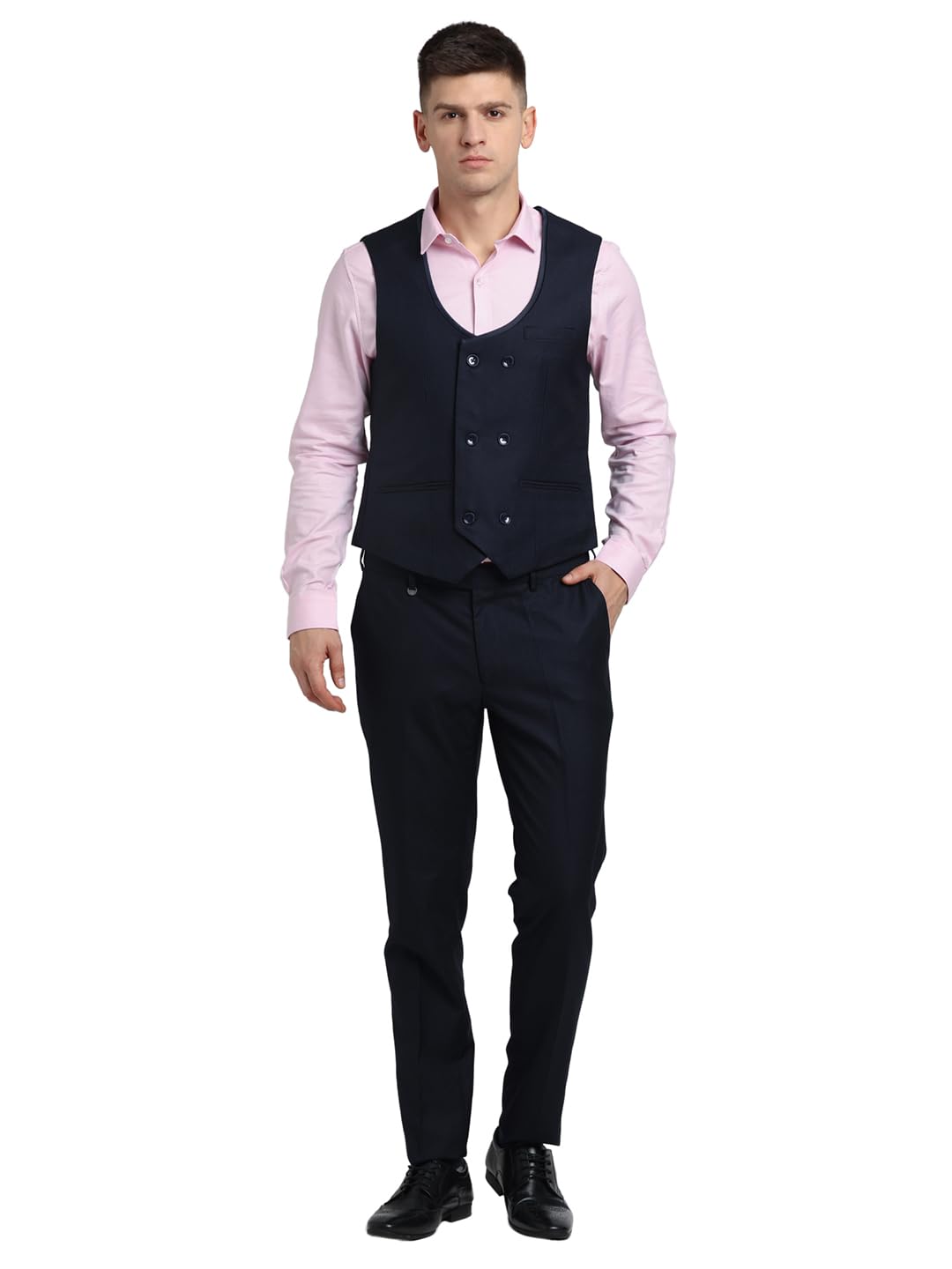 Turtle Men Poly Viscose Tailored Fit Dark Blue Three Piece Party Suits