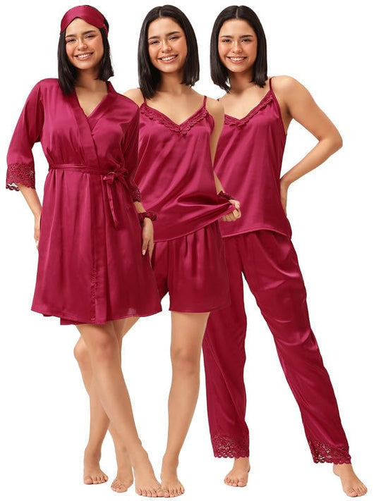 Clovia Womens 4pc Chic Basic Set- Short Robe, Cami Top with Matching Pyjama and Shorts (NS6545R14_Pink_M)