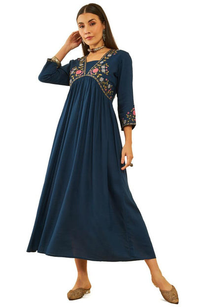 Soch Womens Blue Rayon Slub Floral Embroidered Empire Ethnic Dress