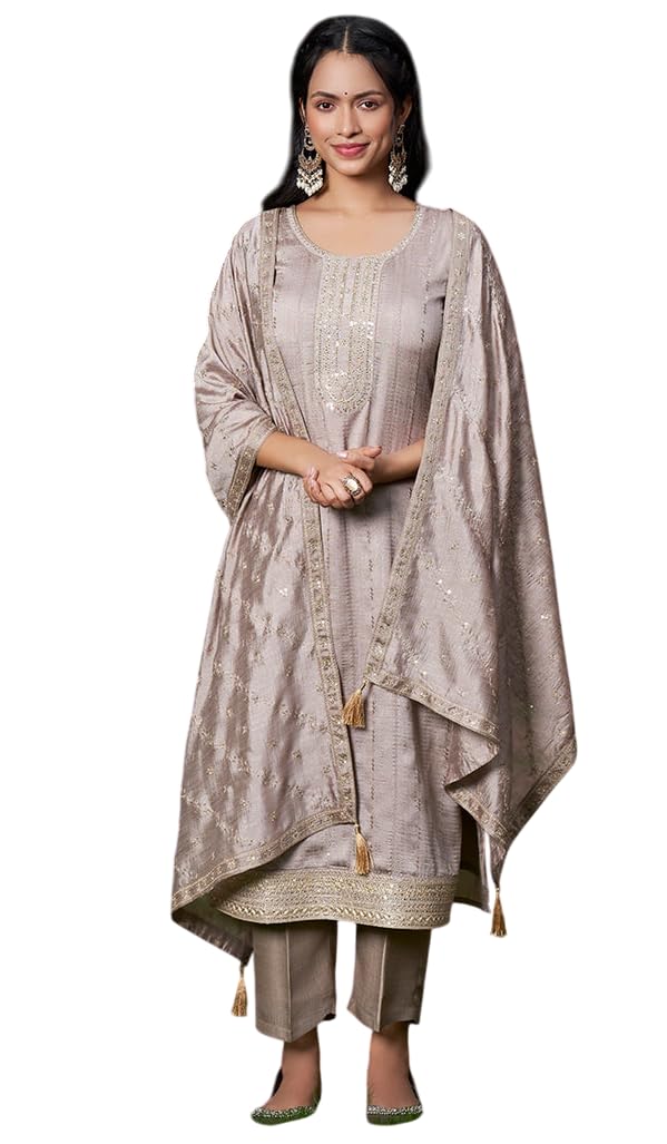 Wedani Vichitra Silk Kurta Set for Women Grey