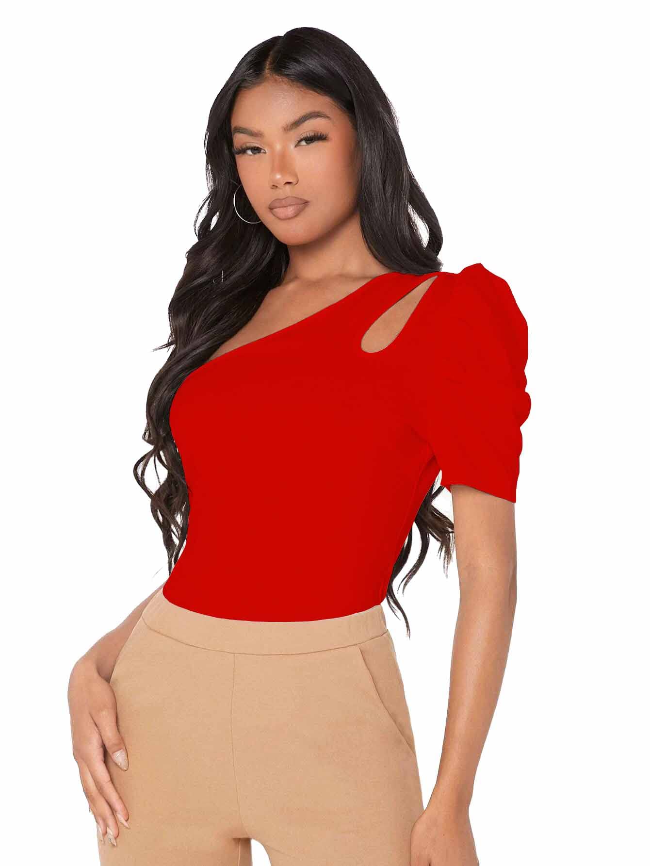 Shasmi Womens & Girls Red Short Puff Sleeve, One Shoulder Neck, Ruched Bust Solid Tops for Women/Tops, T-Shirts for Girls (TOP