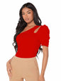 Shasmi Womens & Girls Red Short Puff Sleeve, One Shoulder Neck, Ruched Bust Solid Tops for Women/Tops, T-Shirts for Girls (TOP