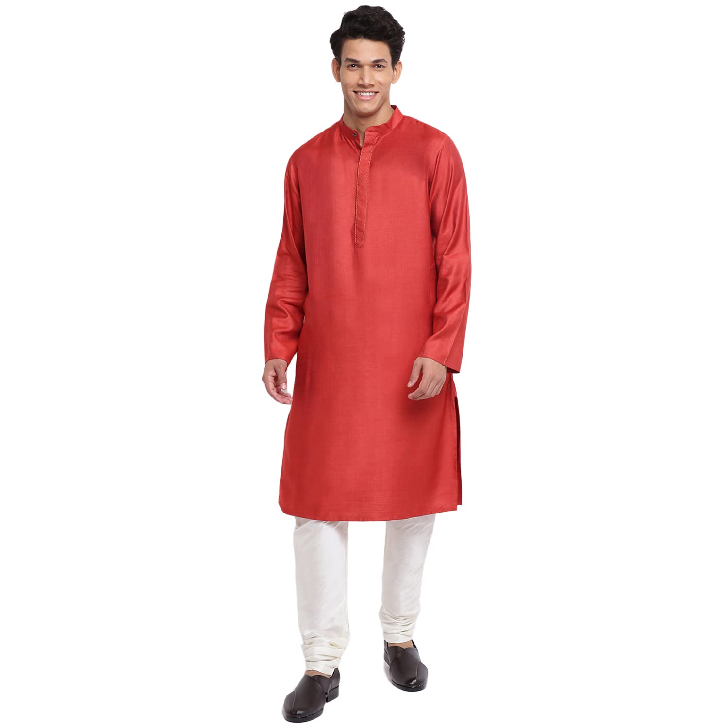 Fabindia Men Silk Chinese Collar Long Kurta Viscose_Xs Red