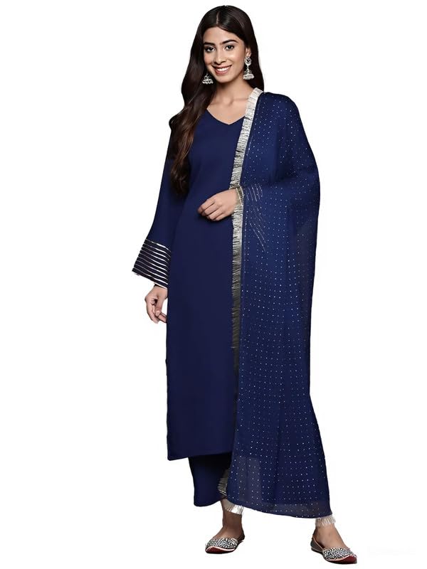 Varanga Women Navy Blue Solid V-Neck Embellished With Gota Straight Kurta Paired With Tonal Bottom And Dupatta  Elegant Ethnic W