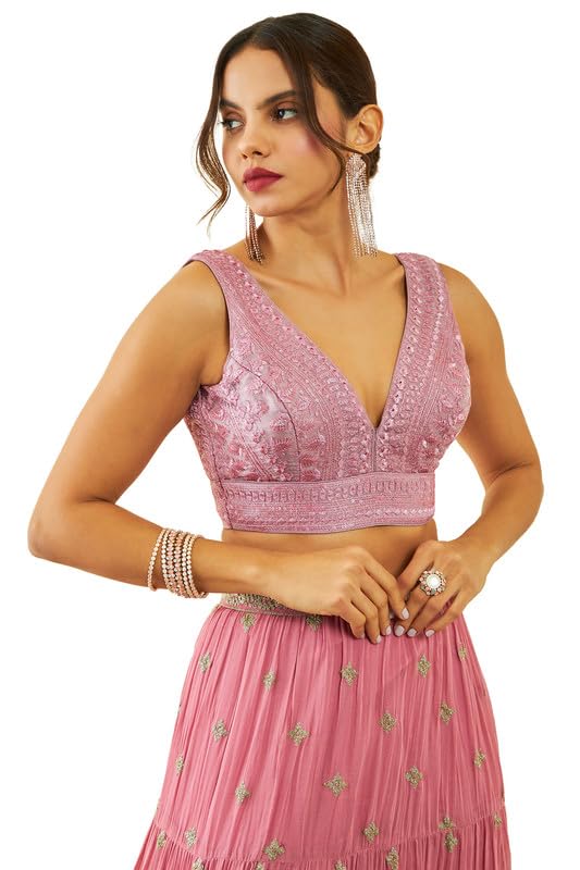 Soch Womens Onion Pink Net Sequin Embellished V-Neck Back-Open Sleeveless Blouse