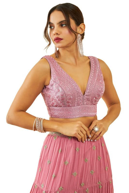 Soch Womens Onion Pink Net Sequin Embellished V-Neck Back-Open Sleeveless Blouse