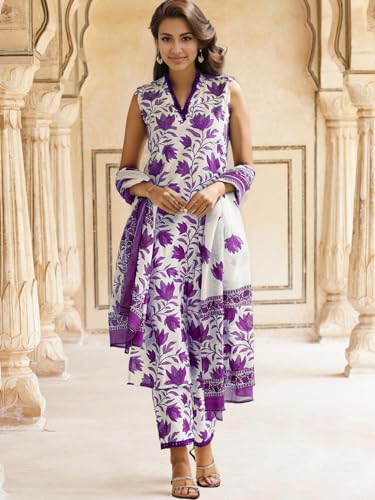 Shienzy WomenS Printed Cotton Blend Sleeveless V-Neck Kurta Pant Dupatta Set || Stylish Indo-Western Kurti For Wedding, Festive