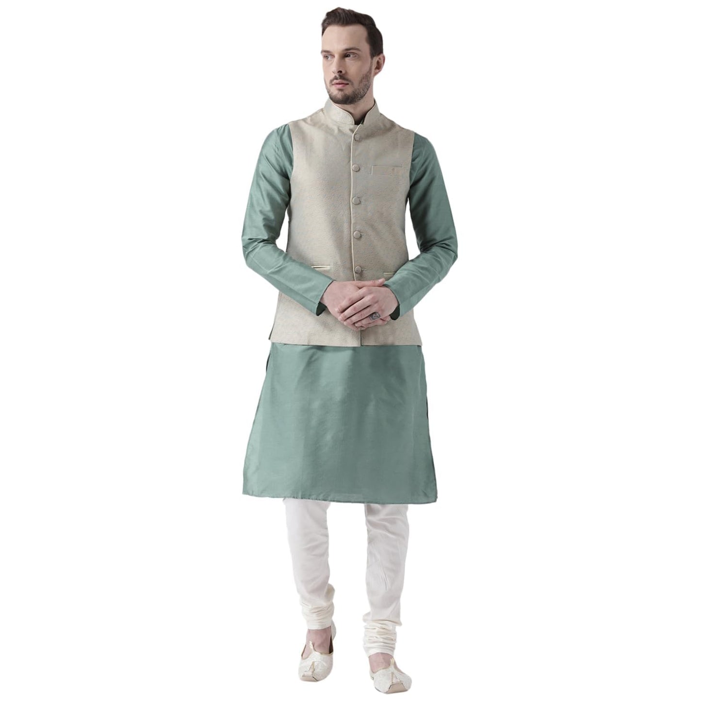 Kisah Men Green Cream Solid Banarasi Kurta With Churidar Nehru Jacket, Full Sleaves, Knee Length, Straight, Regular Fit, Mandari