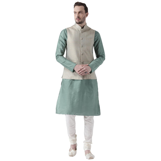 Kisah Men Green Cream Solid Banarasi Kurta With Churidar Nehru Jacket, Full Sleaves, Knee Length, Straight, Regular Fit, Mandari