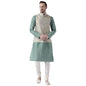 Kisah Men Green Cream Solid Banarasi Kurta With Churidar Nehru Jacket, Full Sleaves, Knee Length, Straight, Regular Fit, Mandari