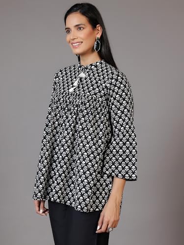 Libas WomenS Cotton Printed A-Line Kurtis (29065_Black