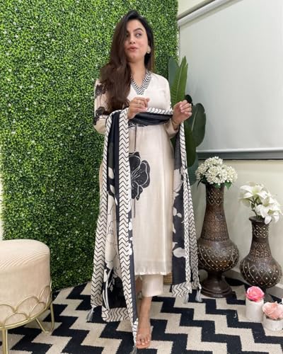 ANNI DESIGNER Women's Cotton Blend Straight Printed Kurta with Pant & Dupatta (REEKA CREAM-NW_XL_Cream_X-Large)