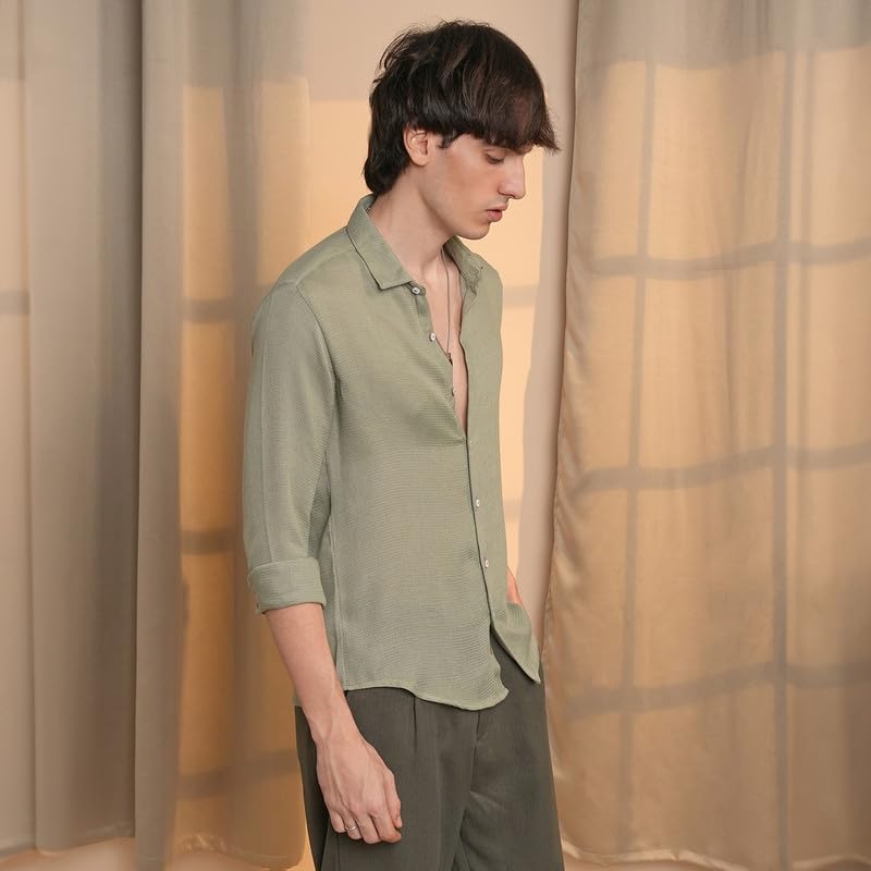 Campus Sutra Mens Sage Green Woven-Textured Shirt | Casual Wear | Spread Collar | Long Sleeve | Button Closure | Shirt Crafted