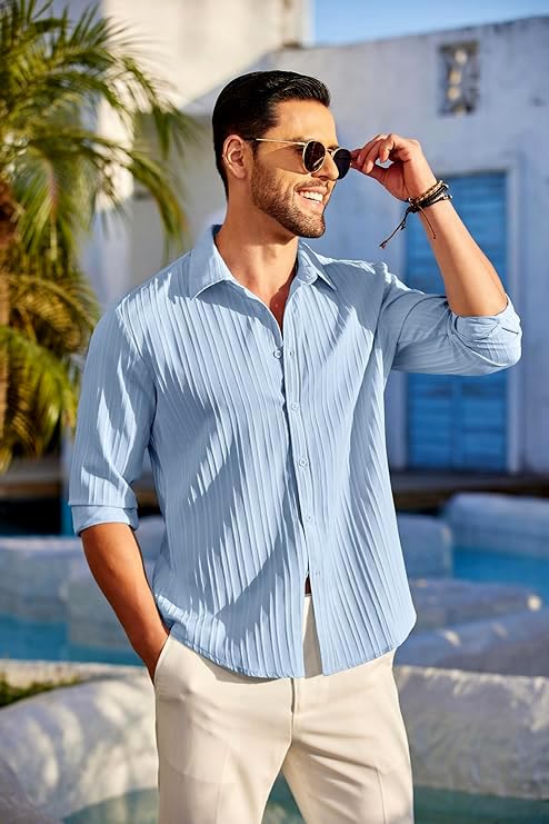 CB-COLEBROOK Mens Casual Button Down Shirts Long Sleeve Linen Shirt Fashion Textured Beach Summer Shirts| Men Stylish Shirt | M